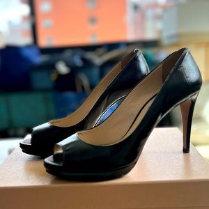 Prada Venice Sandison Leather peep toe platform heels